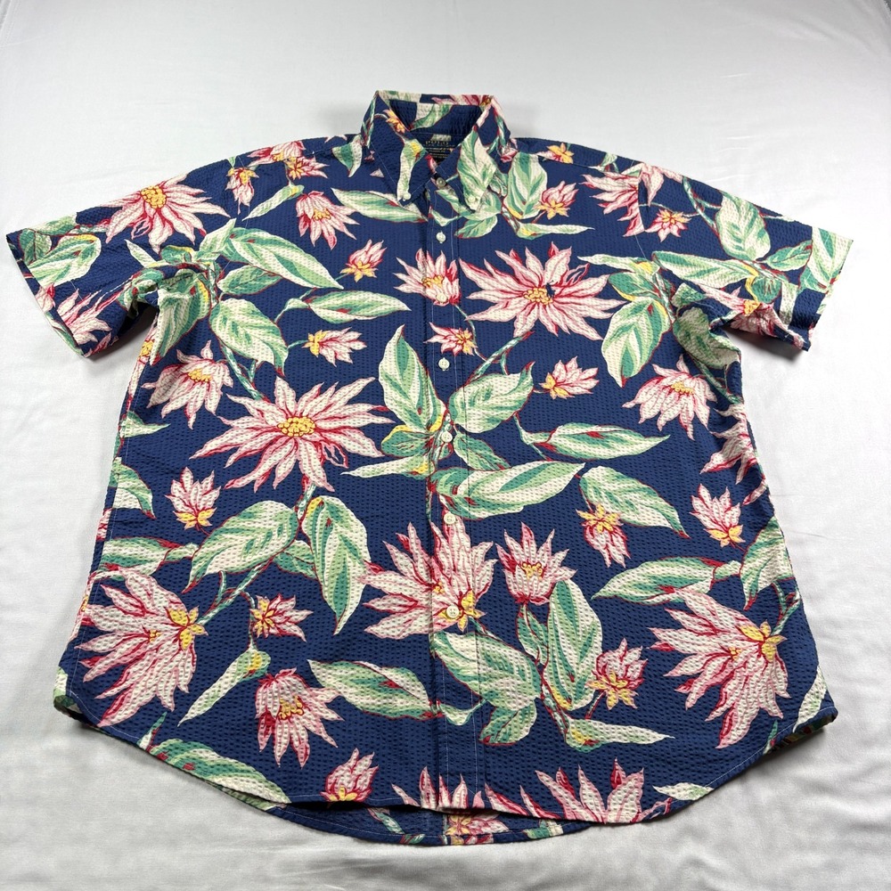 Polo Ralph Lauren Seersucker Shirt Mens Large Floral Classic Fit Button Up Camp